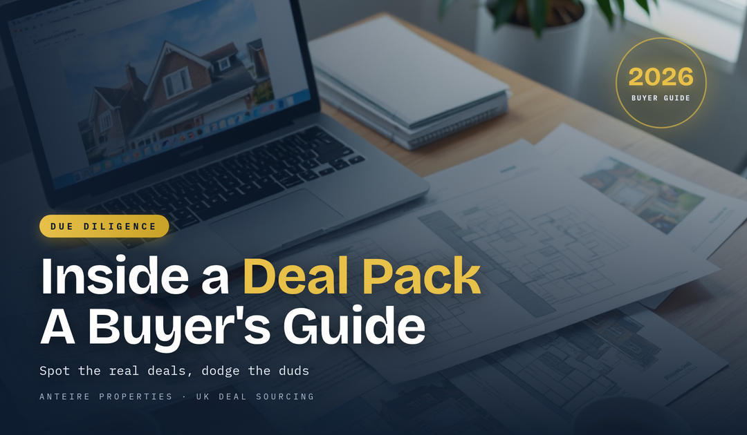 Property floor plans, documents and a laptop on a desk — inside a property deal pack, a buyer due-diligence guide for 2026
