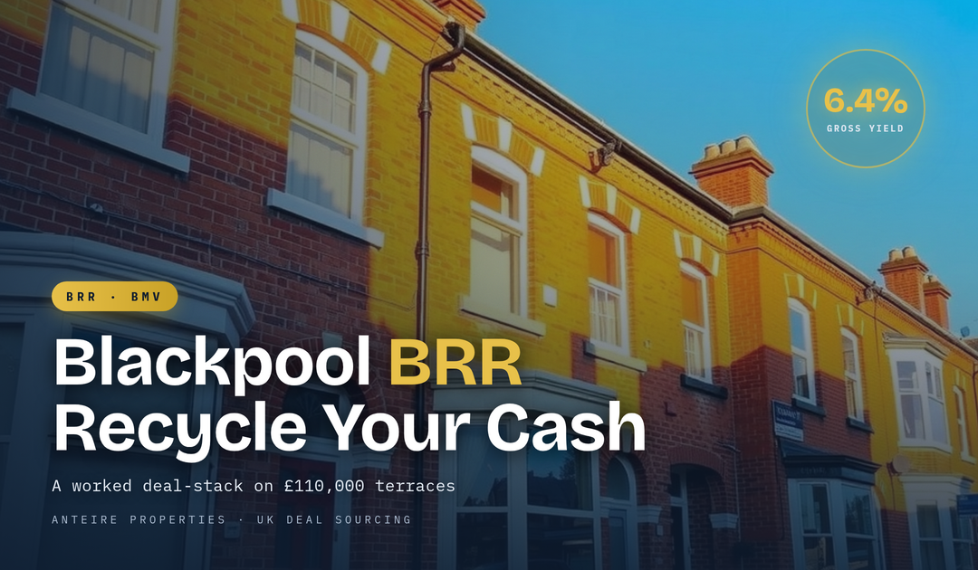 Sunlit red-brick terraced houses on a Blackpool street; the terraced median sold price in Blackpool is £110,000, the entry point for a BRR deal at a 6.4% gross yield.