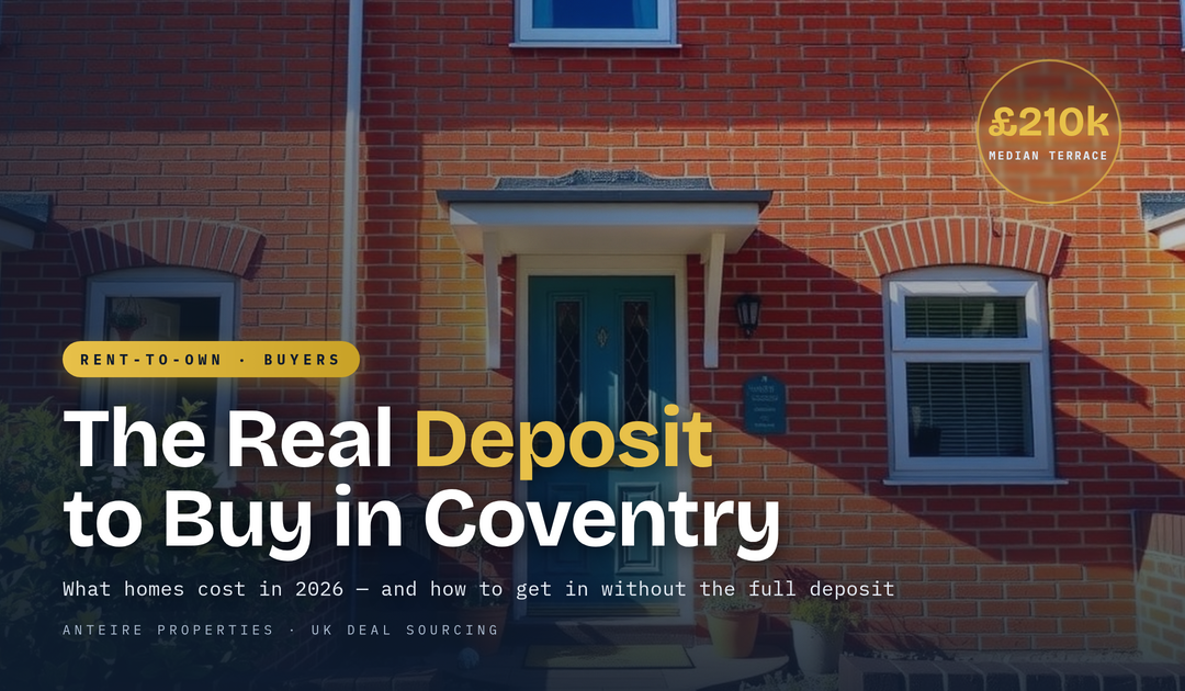 Sunlit red-brick terraced family home with a blue front door in Coventry, illustrating first-time buyer deposit costs on a 210000 pound median terrace
