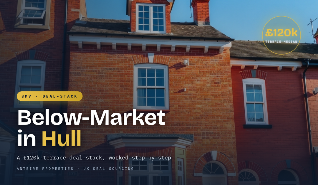 Sunlit red-brick Victorian terraced house in Hull under a clear blue sky, illustrating a below-market deal-stack on the city 120,000 pound terrace median.