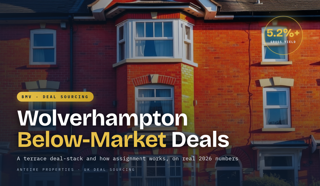 Sunlit red-brick Victorian terraced house in Wolverhampton, West Midlands, illustrating a below-market property deal with a 5.2% gross yield benchmark