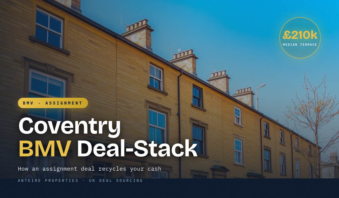 Sunny row of Coventry terraced houses under a clear blue sky, with an Anteire Properties overlay reading 'Coventry BMV Deal-Stack' and a £210k median terrace badge