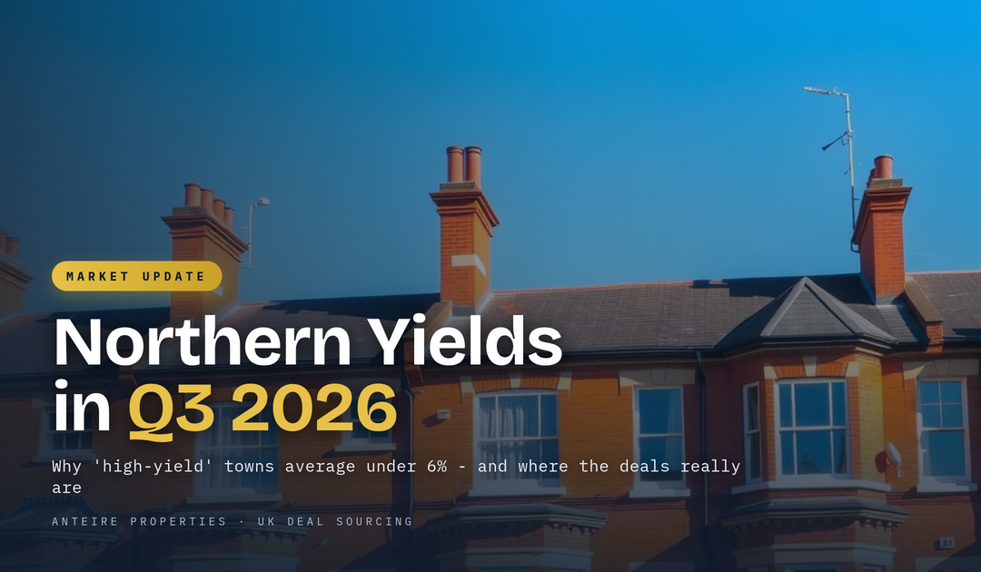 Sunny row of red-brick Victorian terraced houses on a northern English street - Anteire Properties Q3 2026 northern yields market update